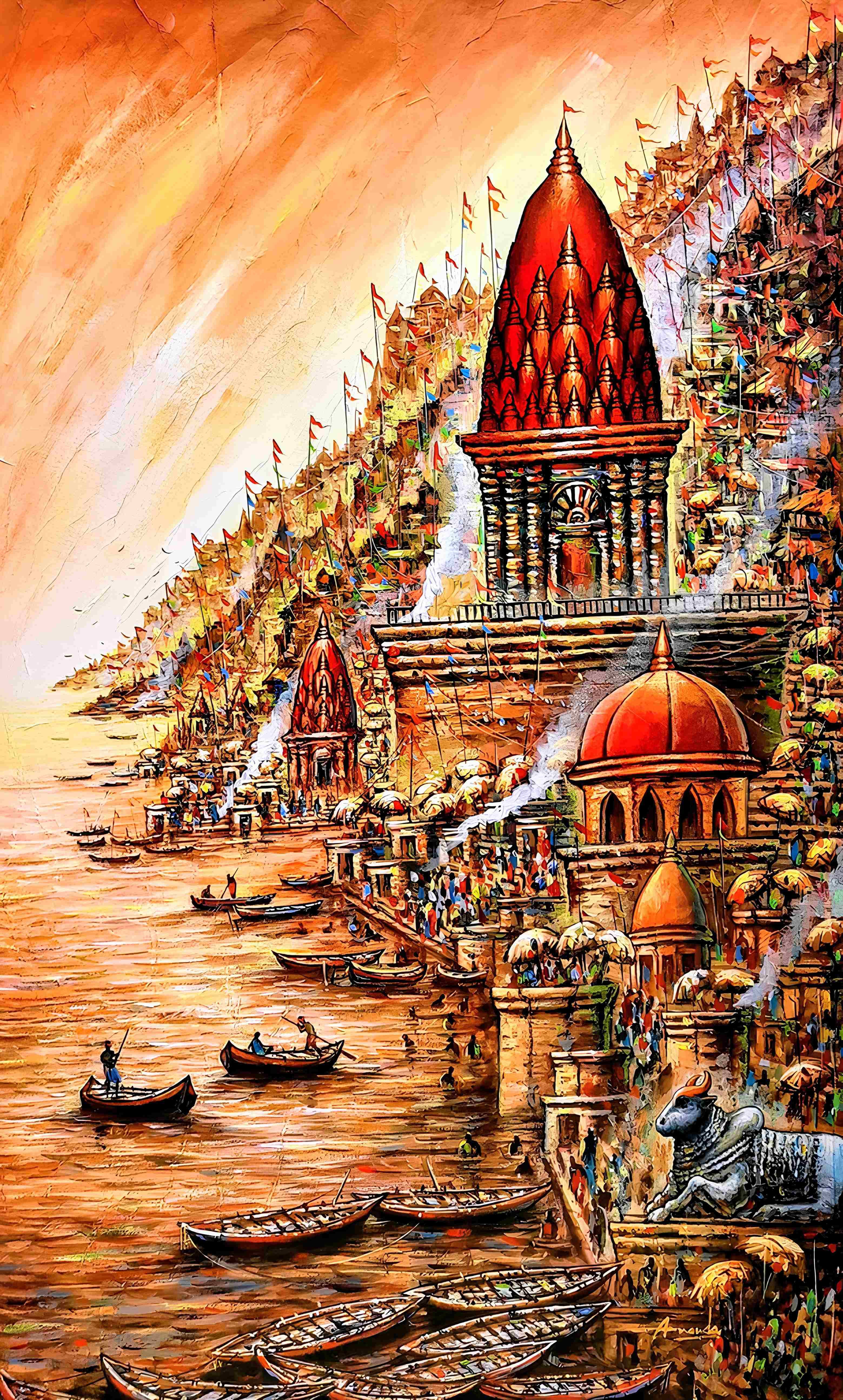 Divine Nandi Gaze at Kashi's Gilded Dawn