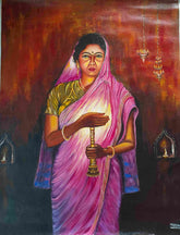 Lady with Lamp – Raja Ravi Verma Art Recreation