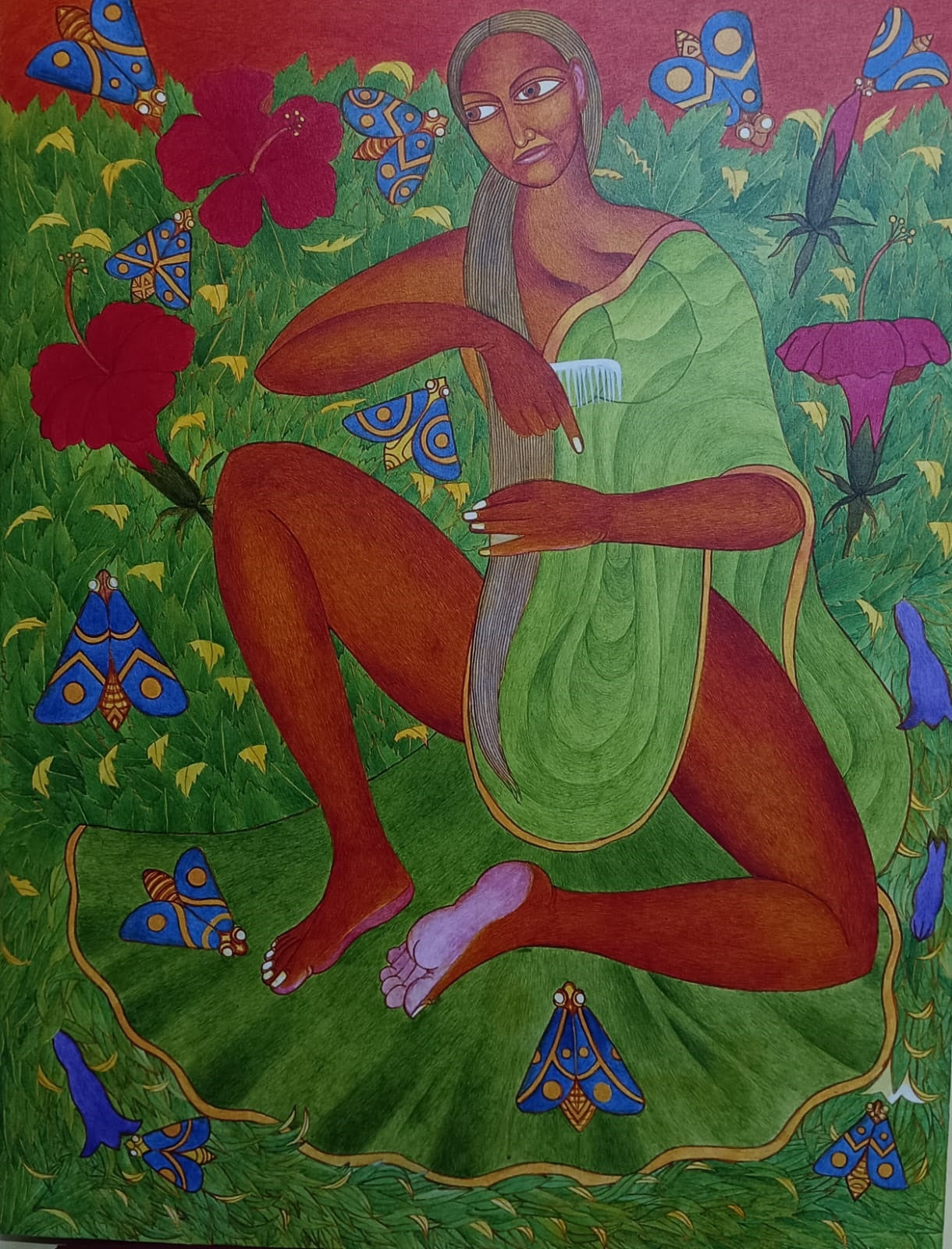 Brunette Combing in the Blue Morpho Garden