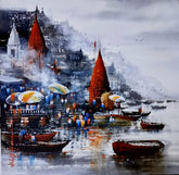 Banaras Ghat ( Vol 4 ) - Acrylic on Canvas - 18x18 Inch